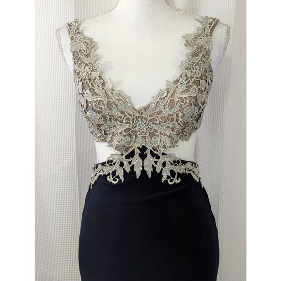 JUMP APPAREL! GLAM JEWELED NUDE LACE BRA TO NAVY WAIST FULL LENGTH GOWN!  3/4 - Picture 3 of 10